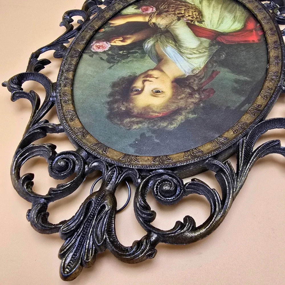 Vintage Made in Italy Ornate Metal Oval Frame Portrait Print Girl Flower Basket